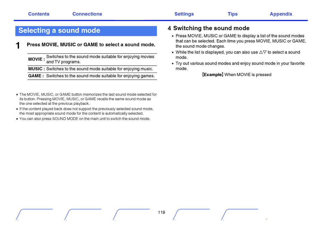 Marantz SR5009 Selecting a sound mode, Switching the sound mode, Press MOVIE, Music or Game to select a sound mode 