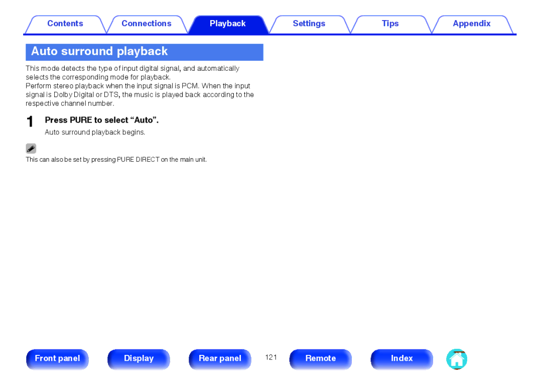Marantz SR5009 owner manual Press Pure to select Auto, Auto surround playback begins 