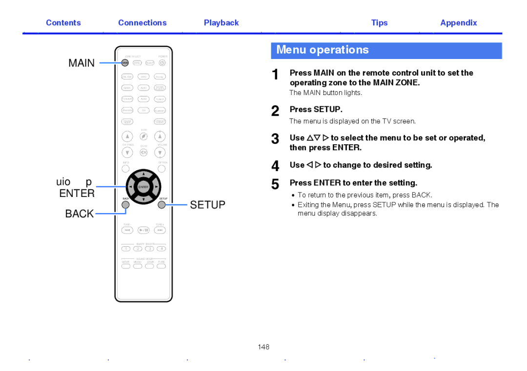 Marantz SR5009 owner manual Menu operations, Press Setup, Main button lights, Menu is displayed on the TV screen 