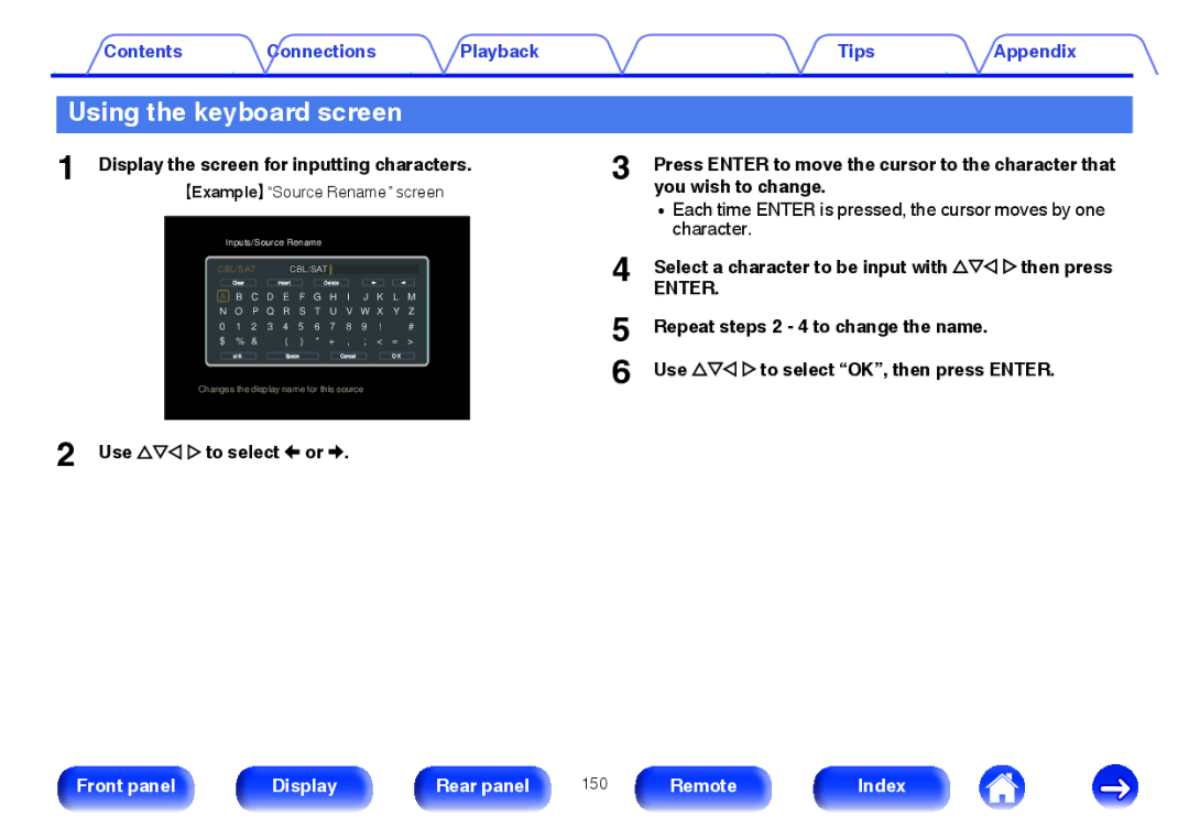 Marantz SR5009 Using the keyboard screen, Display the screen for inputting characters, GExampleH Source Rename screen 