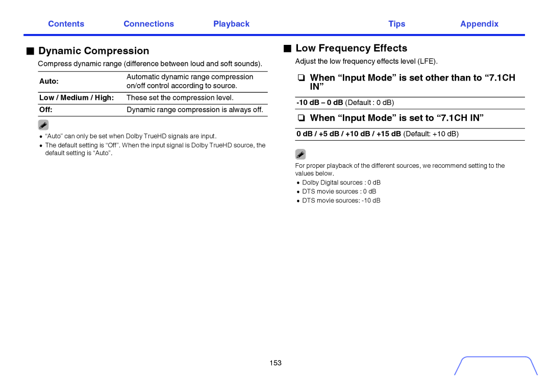 Marantz SR5009 owner manual Dynamic Compression, Low Frequency Effects, Adjust the low frequency effects level LFE 