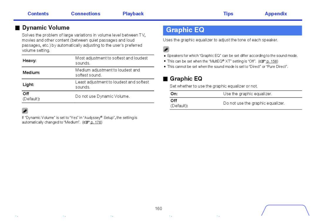 Marantz SR5009 owner manual Graphic EQ, Dynamic Volume 