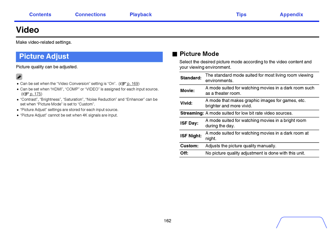 Marantz SR5009 owner manual Video, Picture Adjust, Picture Mode 