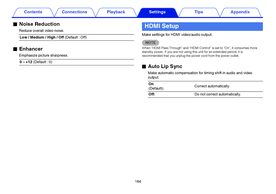 Marantz SR5009 owner manual Hdmi Setup, Noise Reduction, Enhancer, Auto Lip Sync 