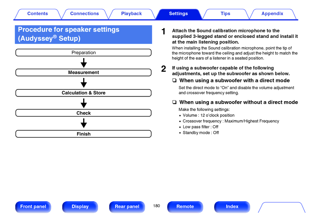 Marantz SR5009 owner manual Procedure for speaker settings Audyssey Setup, Check, Finish 