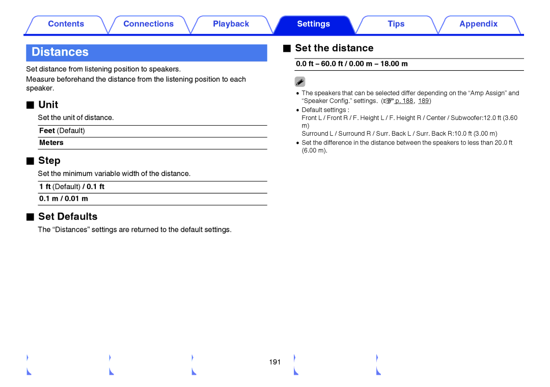 Marantz SR5009 owner manual Distances, Unit, Step, Set the distance 