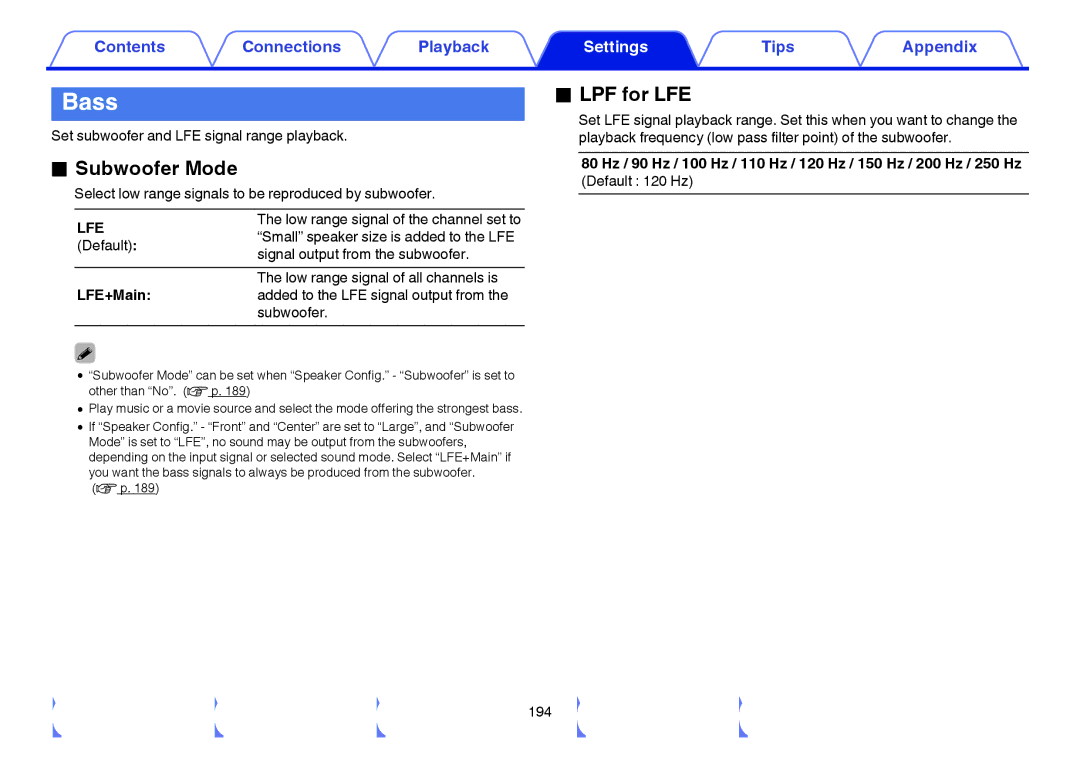 Marantz SR5009 owner manual Bass, Subwoofer Mode, LPF for LFE, Lfe, LFE+Main 