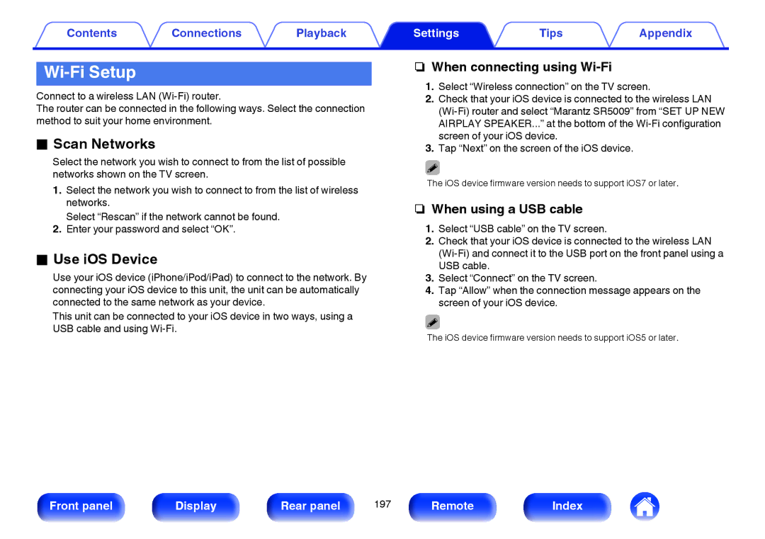 Marantz SR5009 owner manual Wi-Fi Setup, Scan Networks, Use iOS Device 