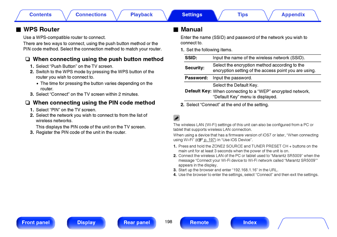 Marantz SR5009 owner manual WPS Router, Manual, Ssid, Security, Password 