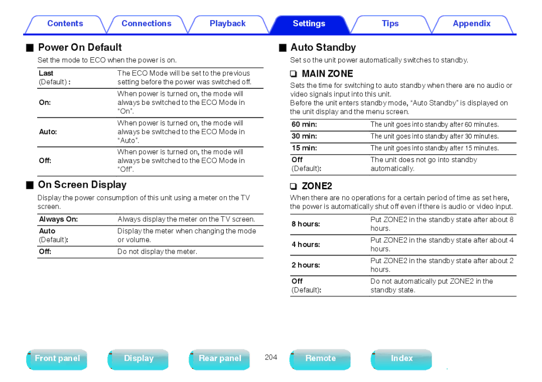 Marantz SR5009 owner manual Power On Default, On Screen Display, Auto Standby 