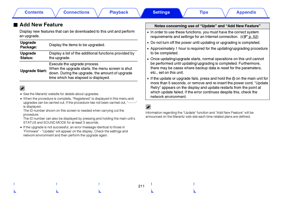 Marantz SR5009 owner manual Add New Feature, Upgrade Display the items to be upgraded Package, Status Upgrade 