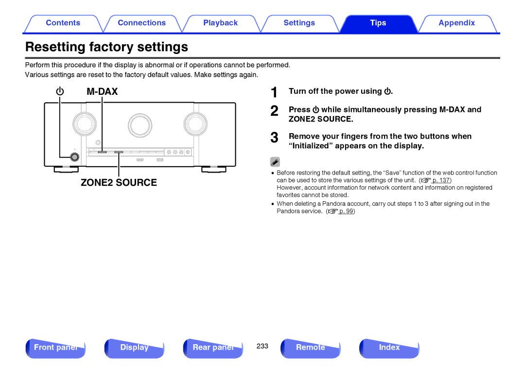 Marantz SR5009 owner manual Resetting factory settings, Dax 