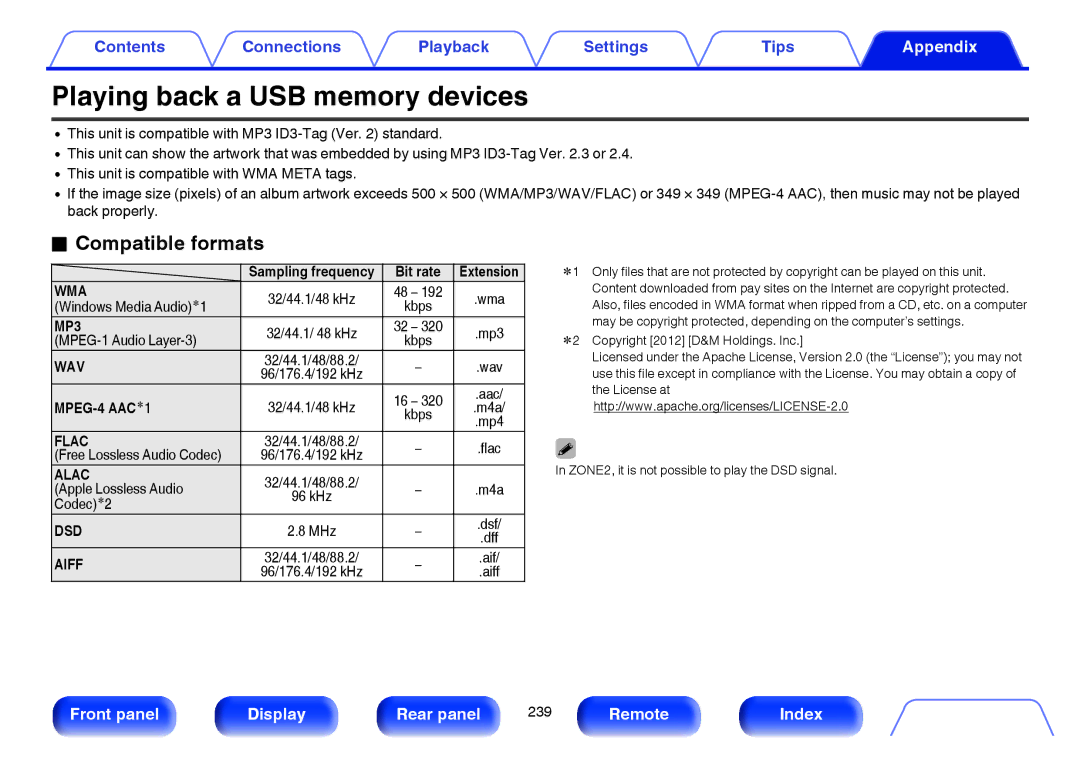 Marantz SR5009 owner manual Playing back a USB memory devices, Compatible formats 