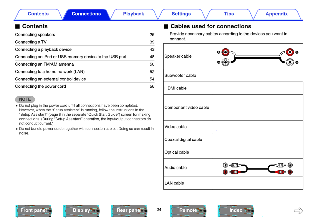 Marantz SR5009 owner manual Contents, Cables used for connections 