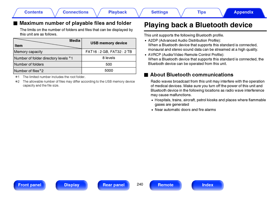 Marantz SR5009 Playing back a Bluetooth device, Maximum number of playable files and folder, Media USB memory device 