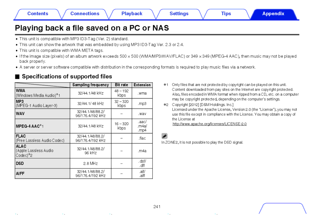 Marantz SR5009 owner manual Playing back a file saved on a PC or NAS, Specifications of supported files 