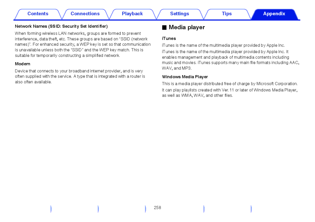 Marantz SR5009 owner manual Media player, Network Names Ssid Security Set Identifier, Modem, ITunes, Windows Media Player 