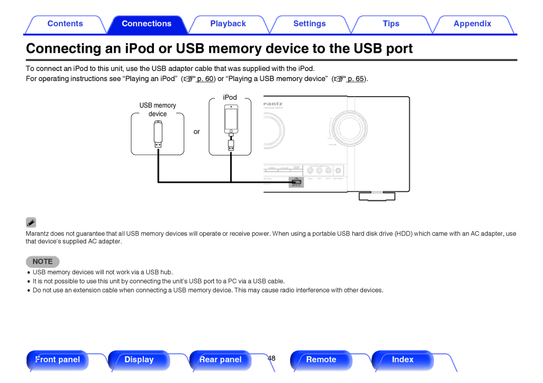 Marantz SR5009 owner manual Connecting an iPod or USB memory device to the USB port, USB memory Device IPod 