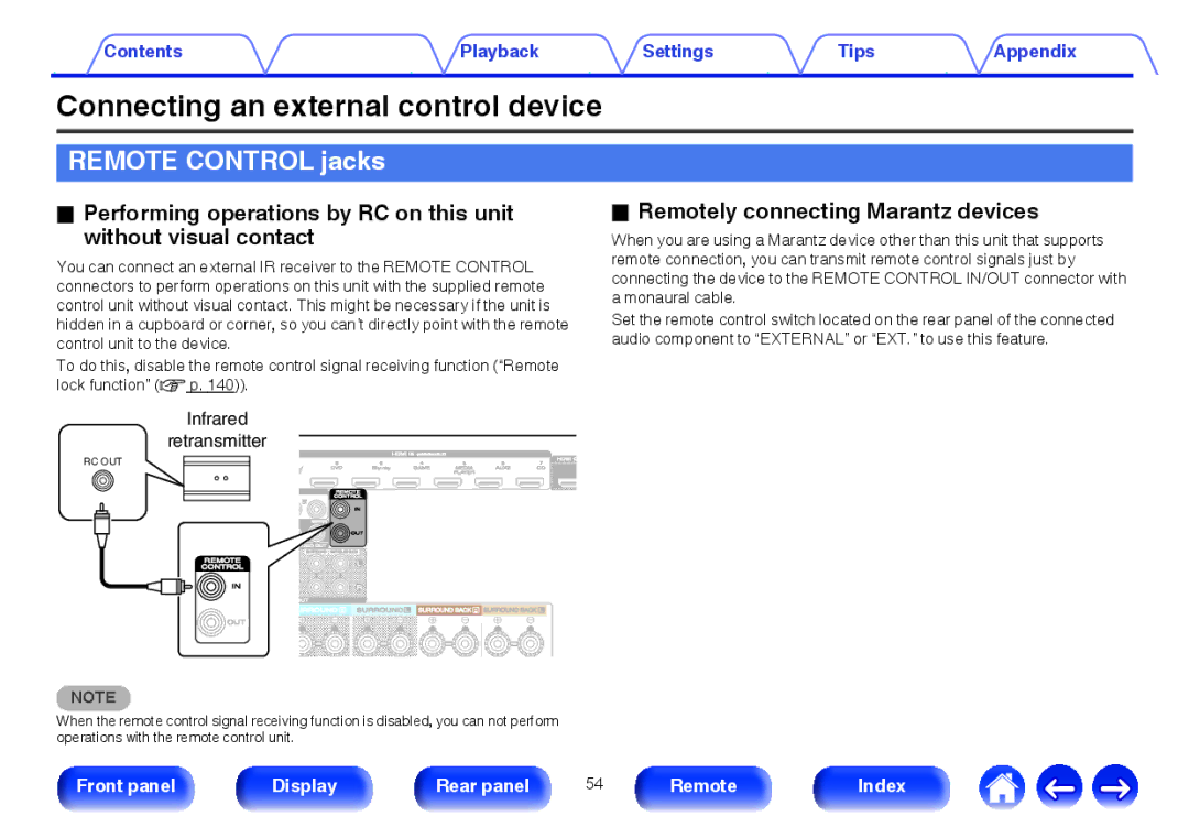 Marantz SR5009 Connecting an external control device, Remote Control jacks, Remotely connecting Marantz devices 