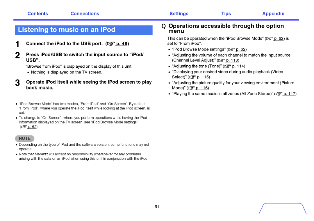 Marantz SR5009 owner manual Listening to music on an iPod, Operations accessible through the option menu 