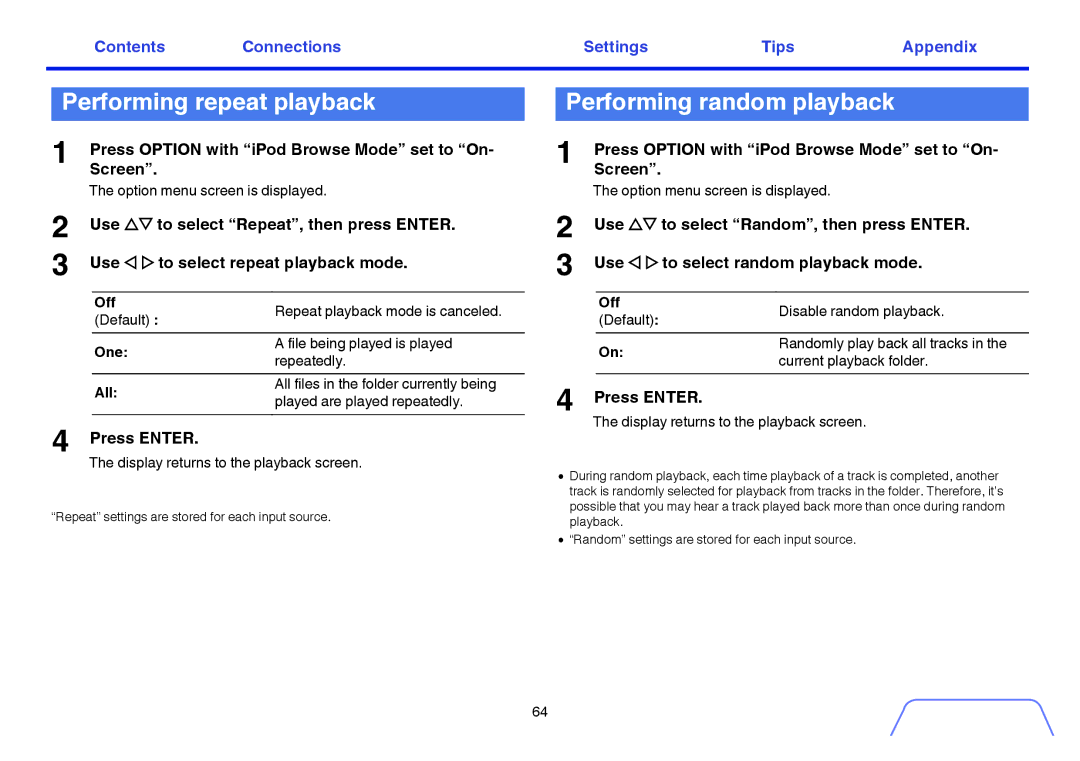 Marantz SR5009 owner manual Performing repeat playback, Performing random playback, Press Enter 