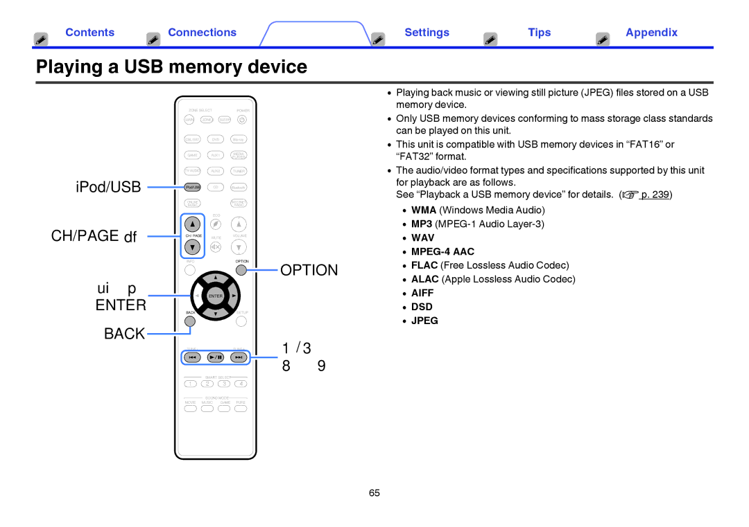 Marantz SR5009 owner manual Playing a USB memory device, WAV MPEG-4 AAC, Aiff DSD Jpeg 