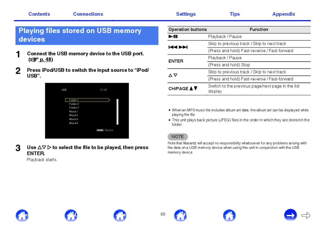 Marantz SR5009 Playing files stored on USB memory devices, Use ui p to select the file to be played, then press 