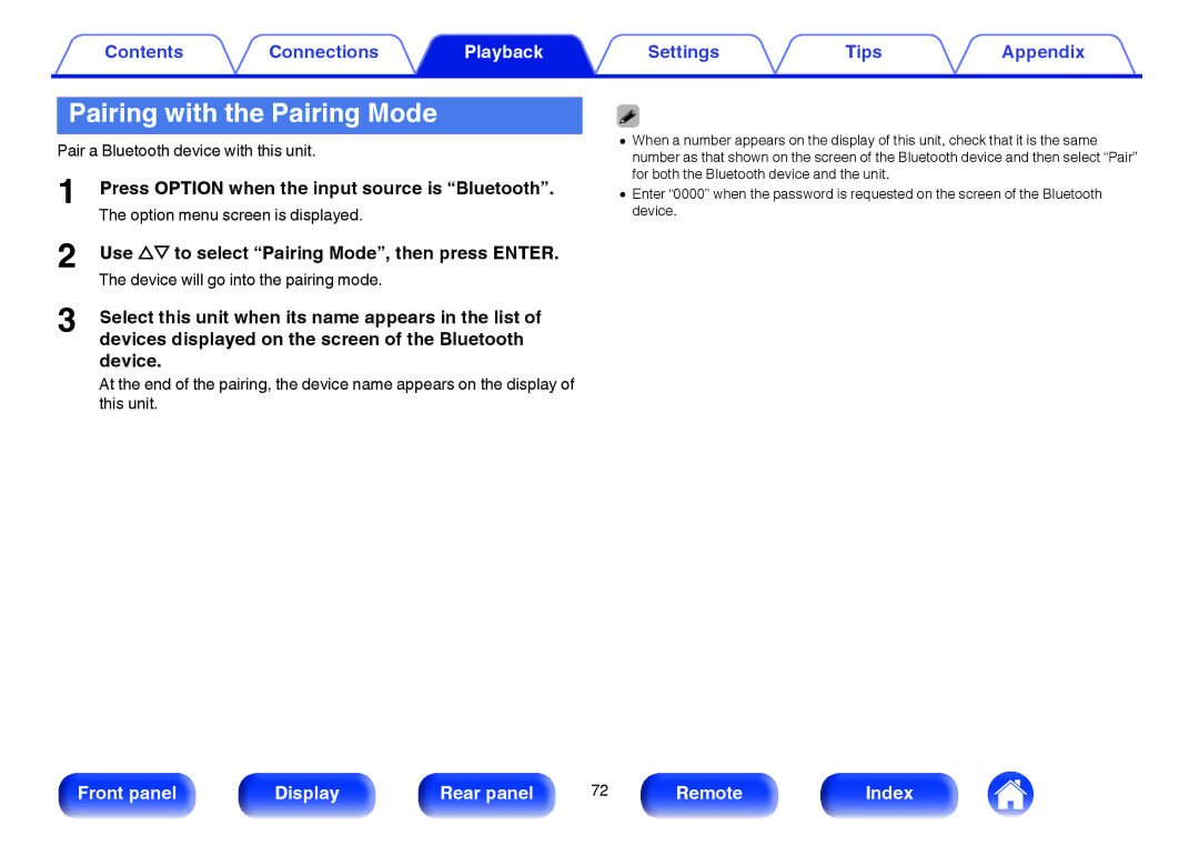 Marantz SR5009 owner manual Pairing with the Pairing Mode, Press Option when the input source is Bluetooth 