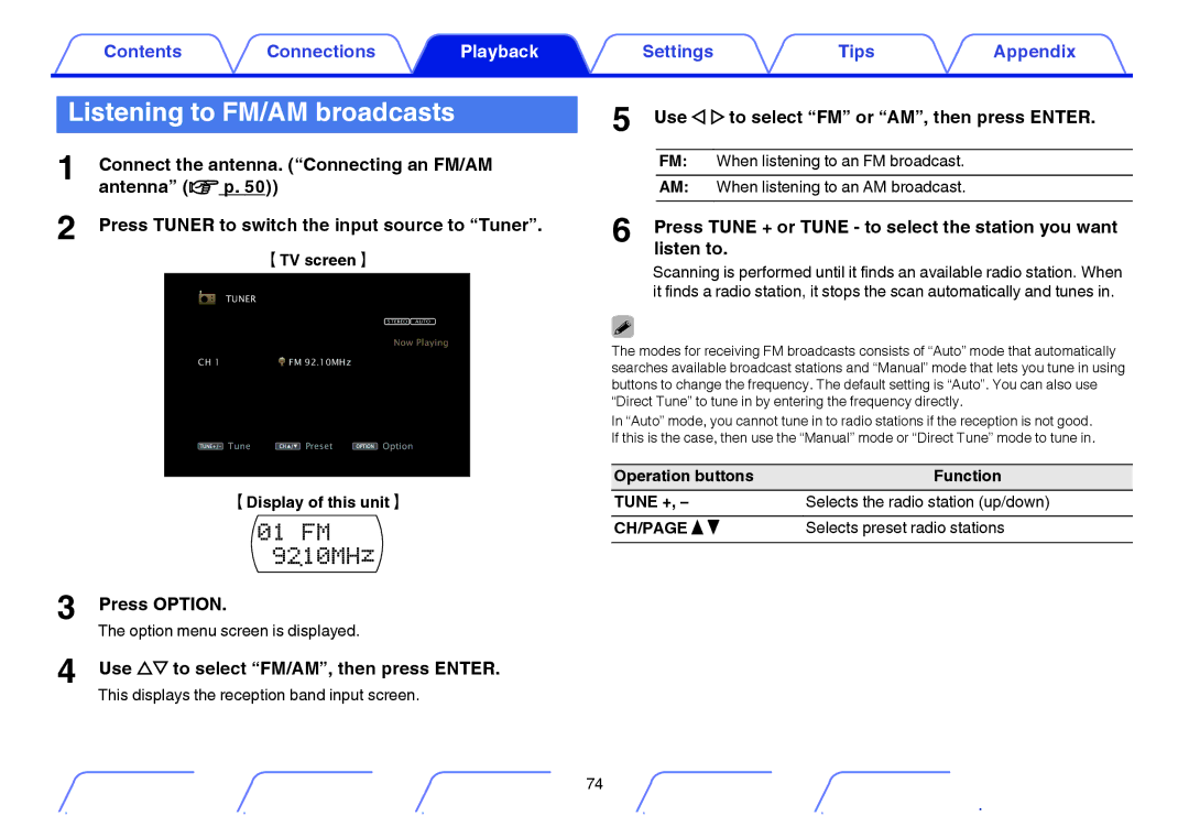 Marantz SR5009 Listening to FM/AM broadcasts, Press Option, Use ui to select FM/AM, then press Enter, TV screen H 