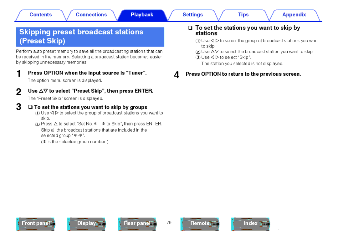 Marantz SR5009 owner manual Skipping preset broadcast stations Preset Skip, Use ui to select Preset Skip, then press Enter 