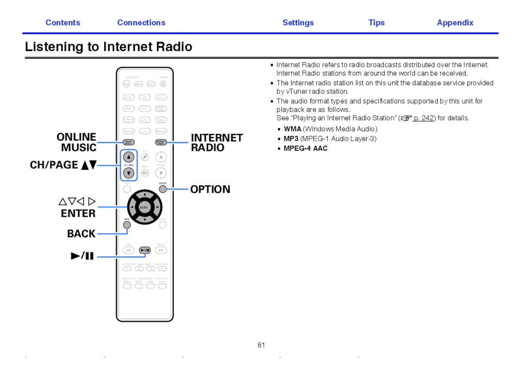 Marantz SR5009 owner manual Listening to Internet Radio, Internet Radio Option 