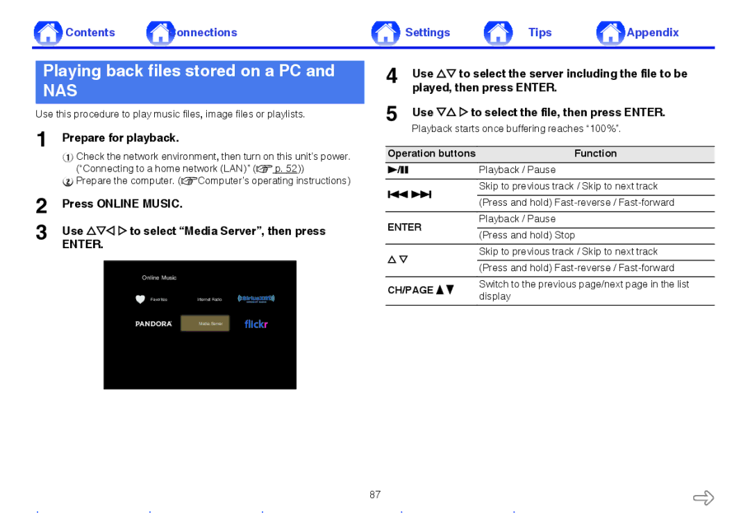 Marantz SR5009 owner manual Playing back files stored on a PC, Nas 