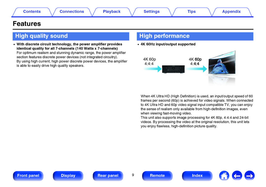 Marantz SR5009 owner manual Features, High quality sound, High performance, 4K 60Hz input/output supported, 4K 60p 