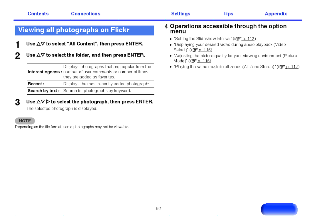 Marantz SR5009 owner manual Viewing all photographs on Flickr, Operations accessible through the option menu 