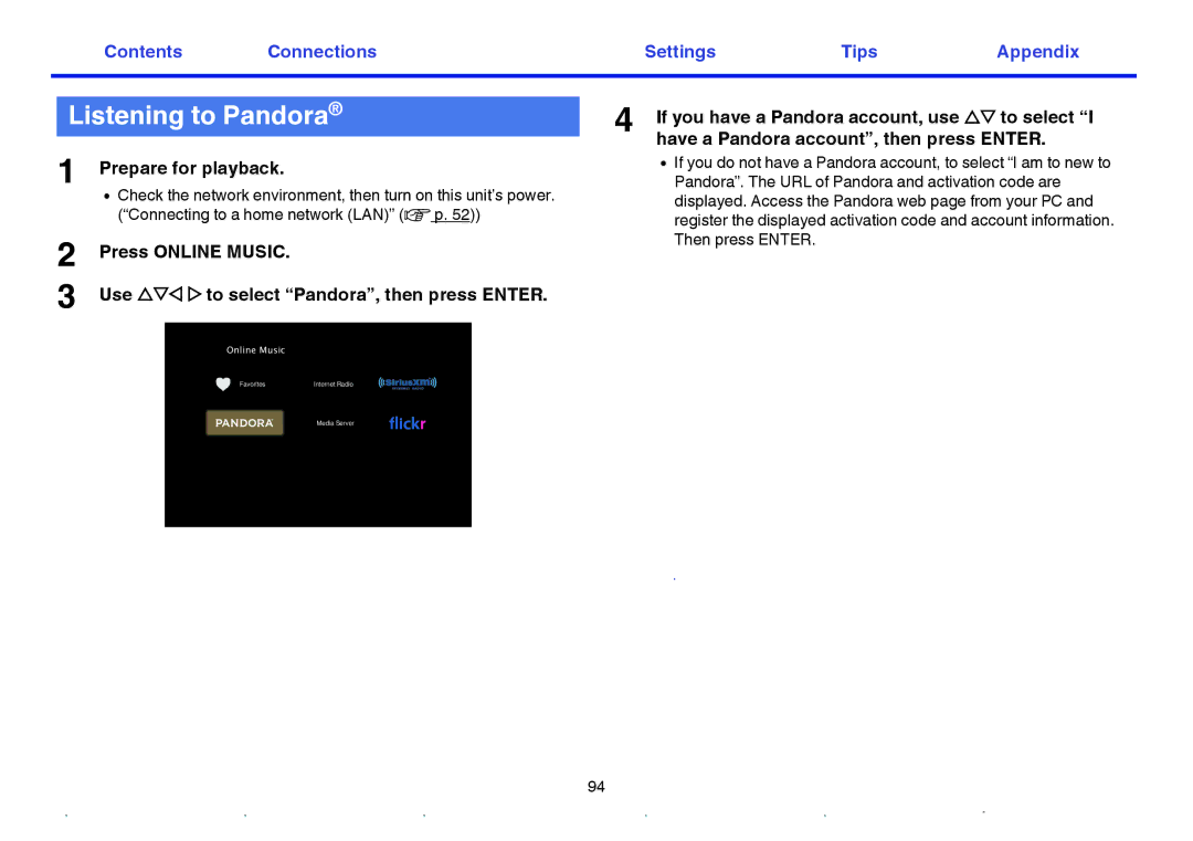 Marantz SR5009 owner manual Listening to Pandora 