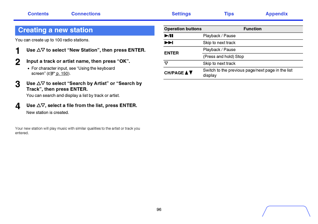 Marantz SR5009 owner manual Creating a new station, Use ui, select a file from the list, press Enter, Playback / Pause 