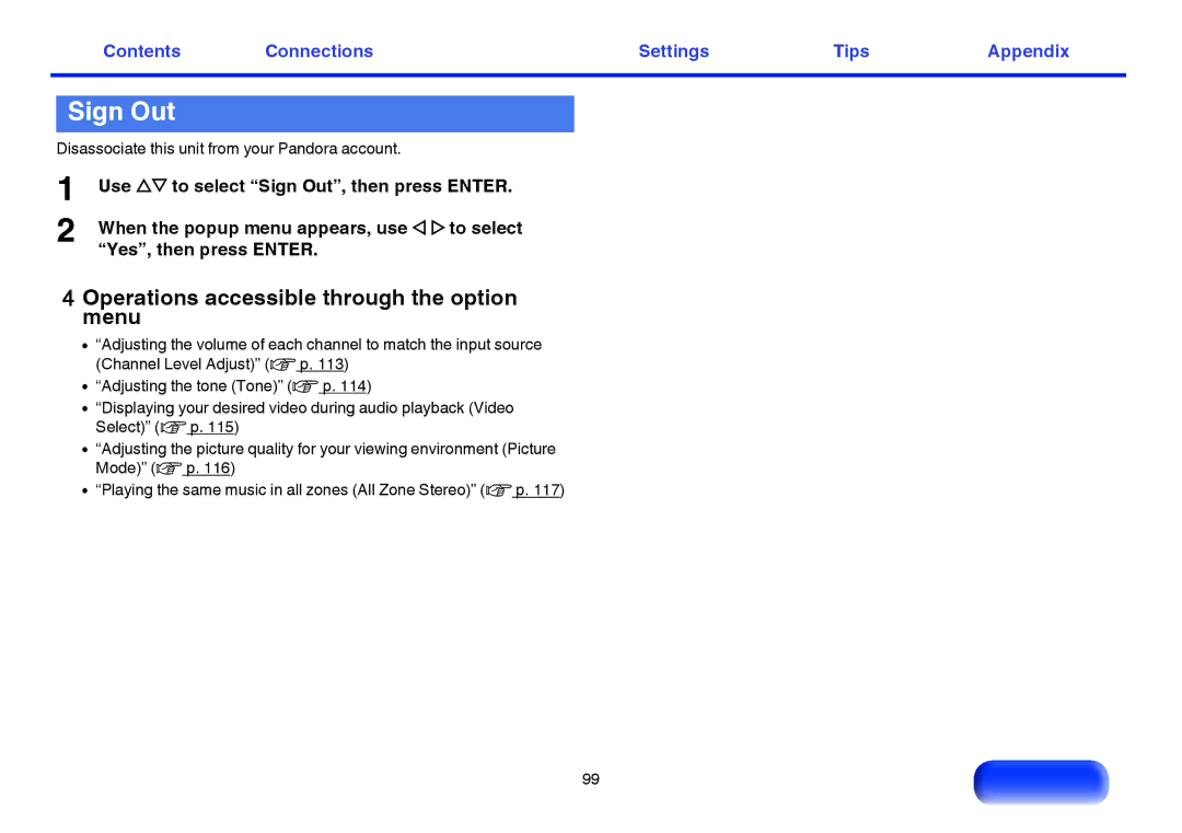 Marantz SR5009 owner manual Sign Out, Disassociate this unit from your Pandora account 