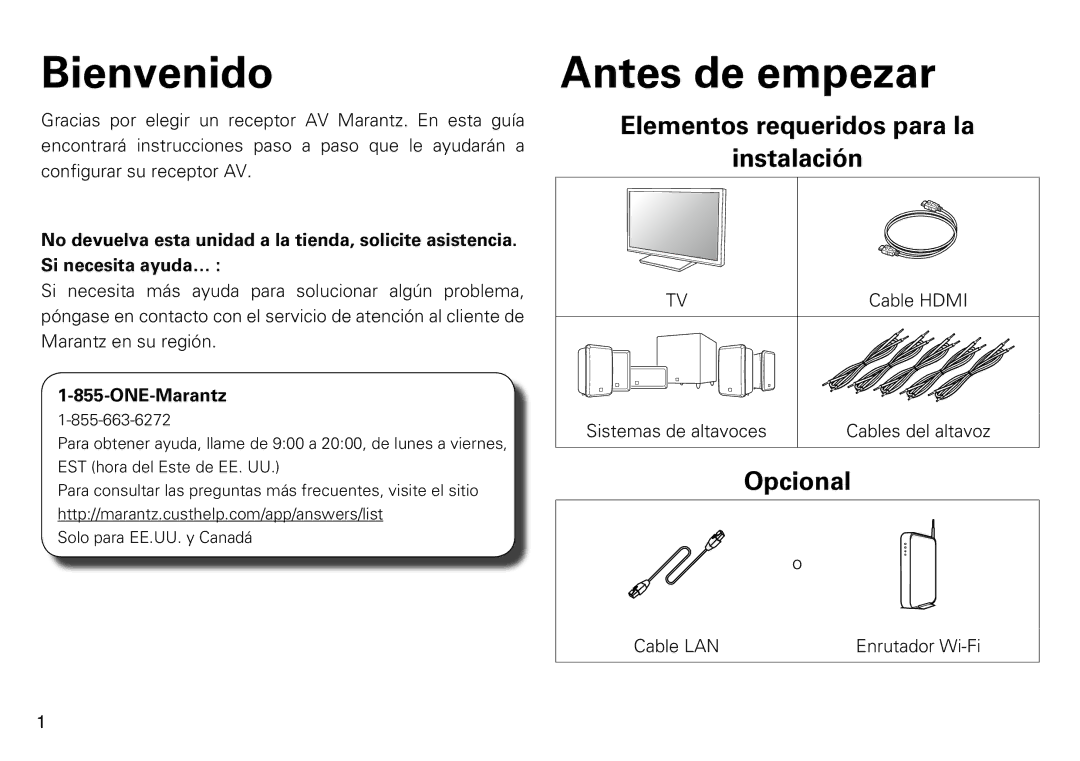 Marantz SR5009 quick start Bienvenido, Antes de empezar, Elementos requeridos para la Instalación 