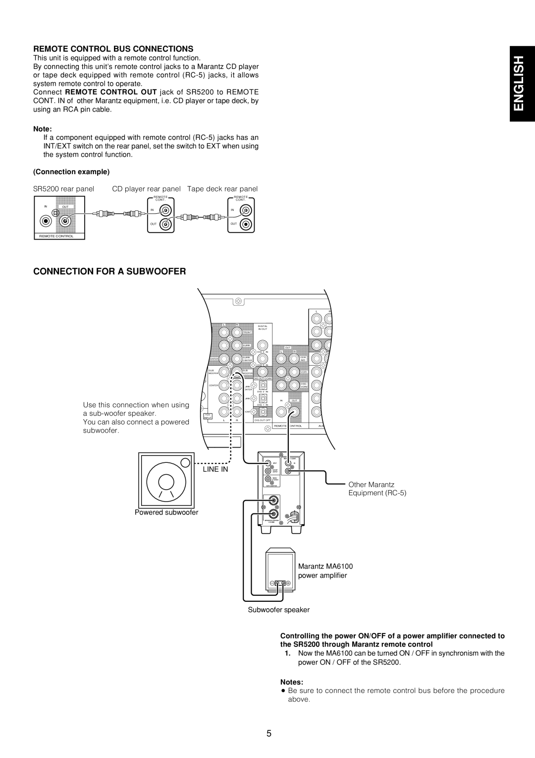 Marantz SR5200 manual Connection for a Subwoofer, Remote Control BUS Connections, Connection example, Line 