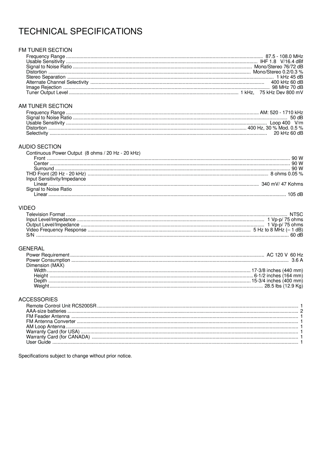 Marantz SR5200 manual Technical Specifications 