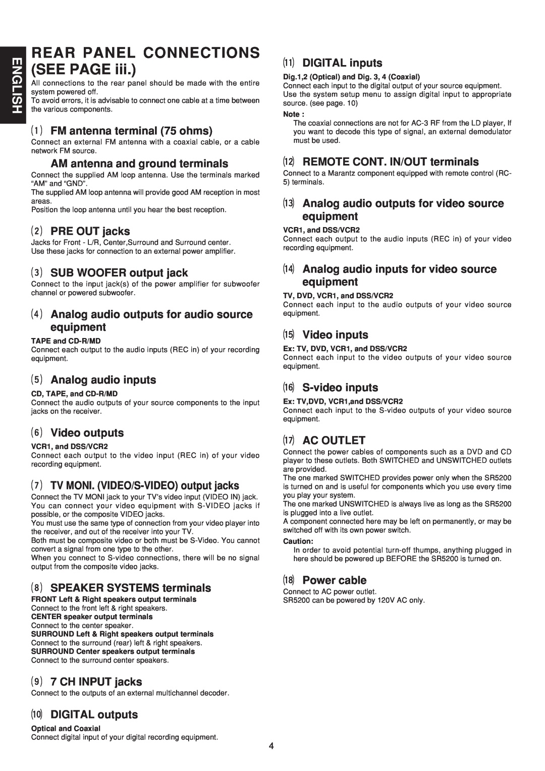 Marantz SR5200 manual Rear Panel Connections See Page, English 
