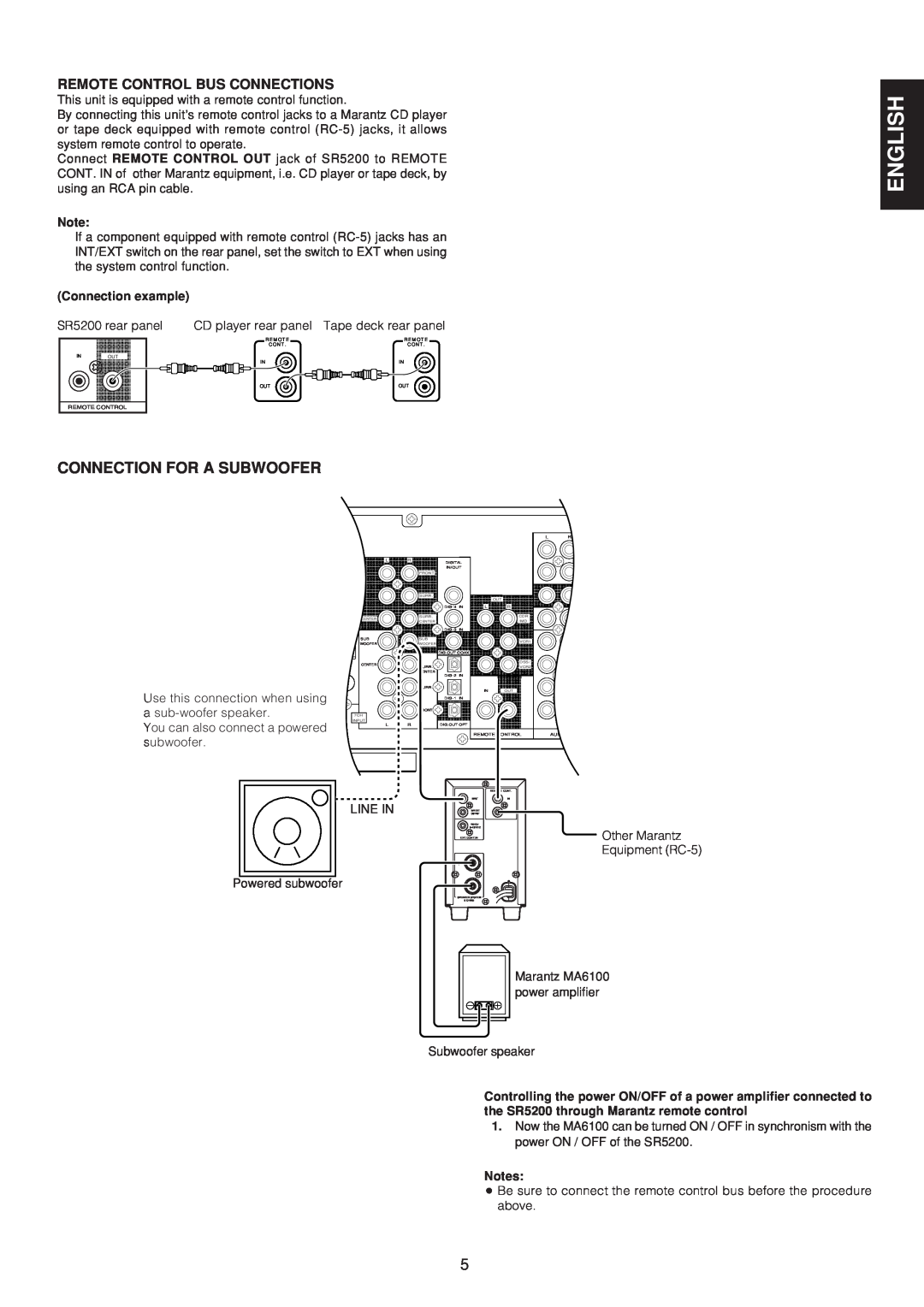 Marantz SR5200 manual English, Connection For A Subwoofer, Remote Control Bus Connections, Connection example 