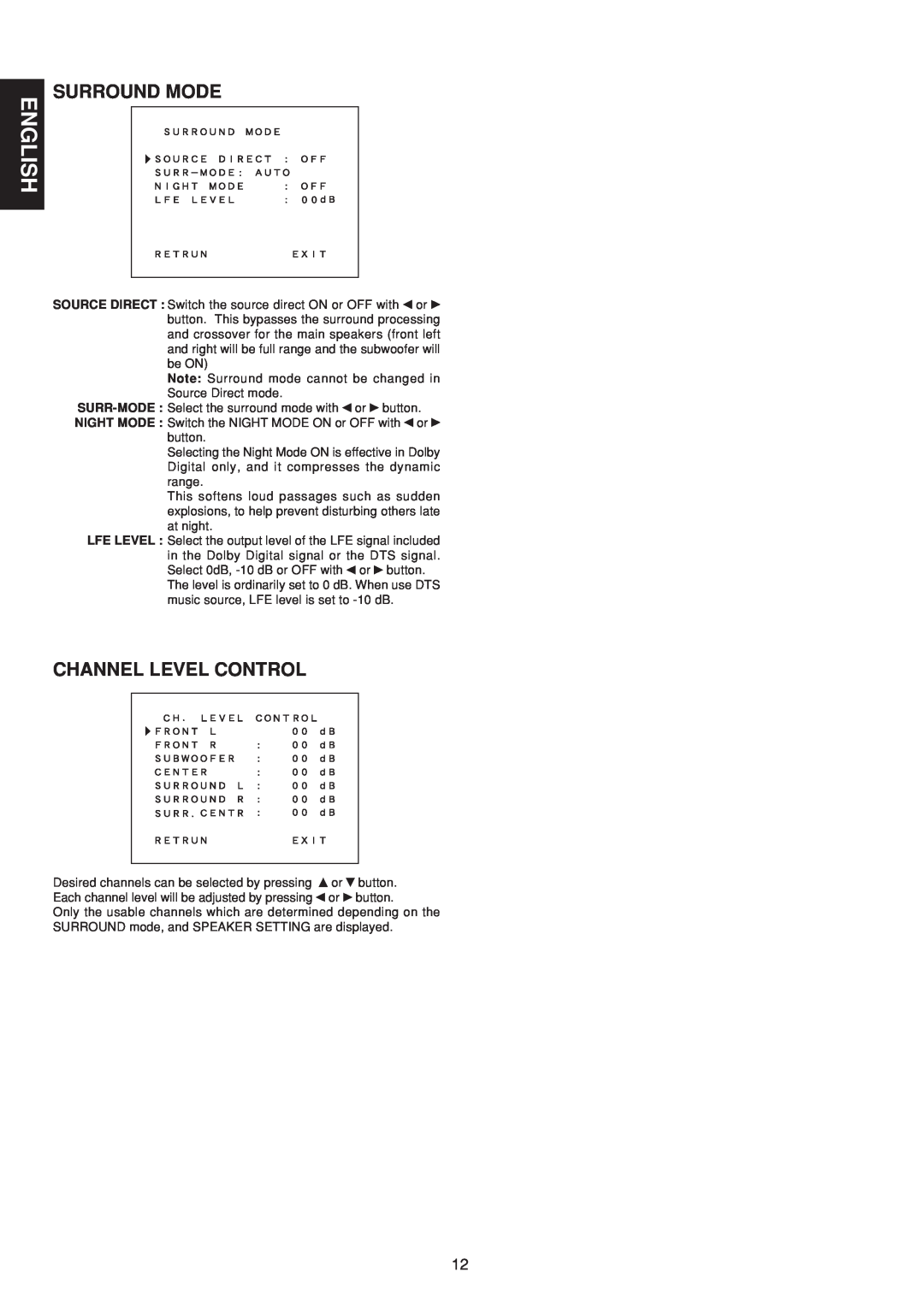 Marantz SR5200 manual English, Surround Mode, Channel Level Control 
