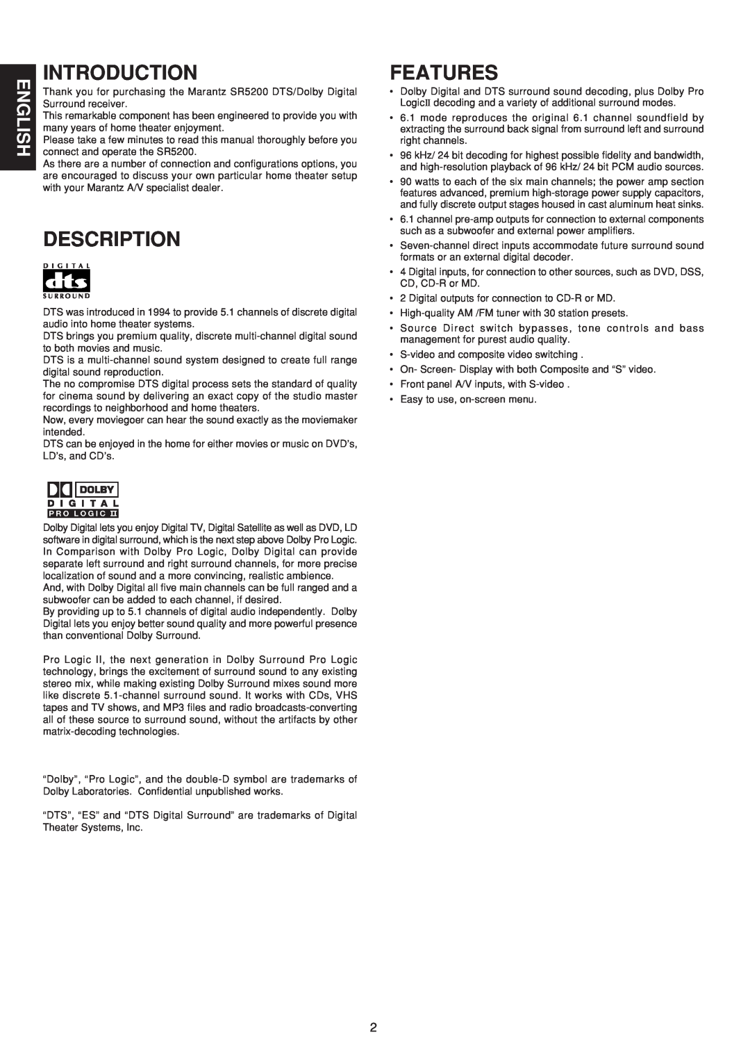 Marantz SR5200 manual Introduction, Description, Features 