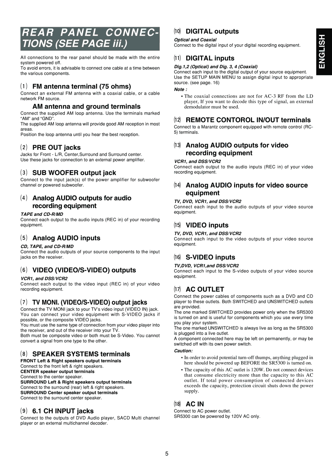 Marantz SR5300 manual ¡7AC Outlet, ¡8AC 