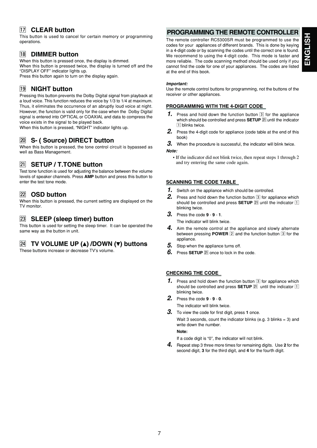 Marantz SR5300 manual Programming with the 4-DIGIT Code, Scanning the Code Table, Checking the Code 