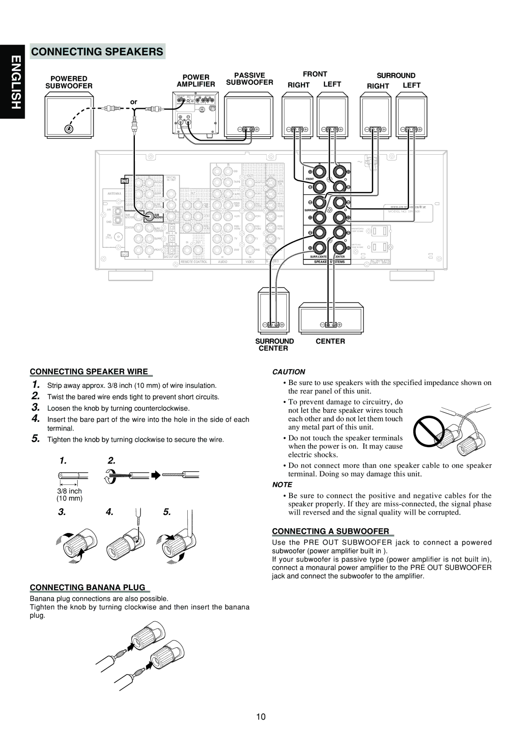 Marantz SR5300 manual Connecting Speakers, Connecting Speaker Wire, Connecting Banana Plug, Connecting a Subwoofer 