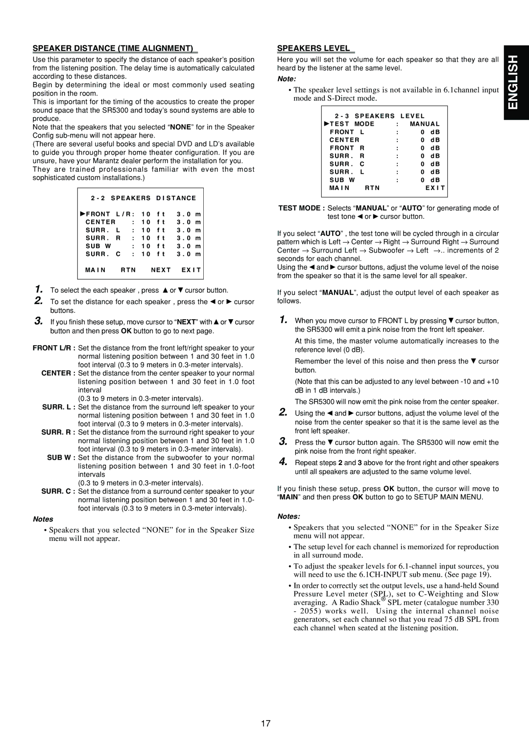 Marantz SR5300 manual Speaker Distance Time Alignment, Speakers Level 