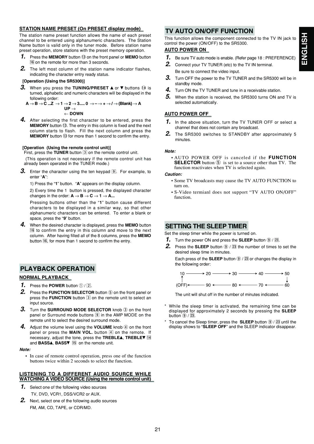 Marantz SR5300 manual Playback Operation, TV Auto ON/OFF Function, Setting the Sleep Timer 