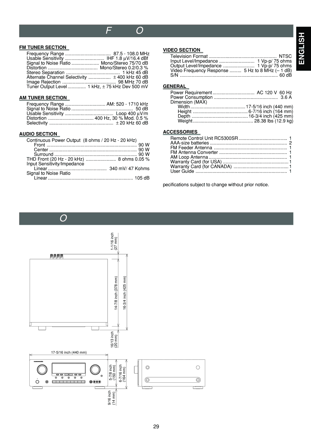 Marantz SR5300 manual Technical Specifications, Dimension 